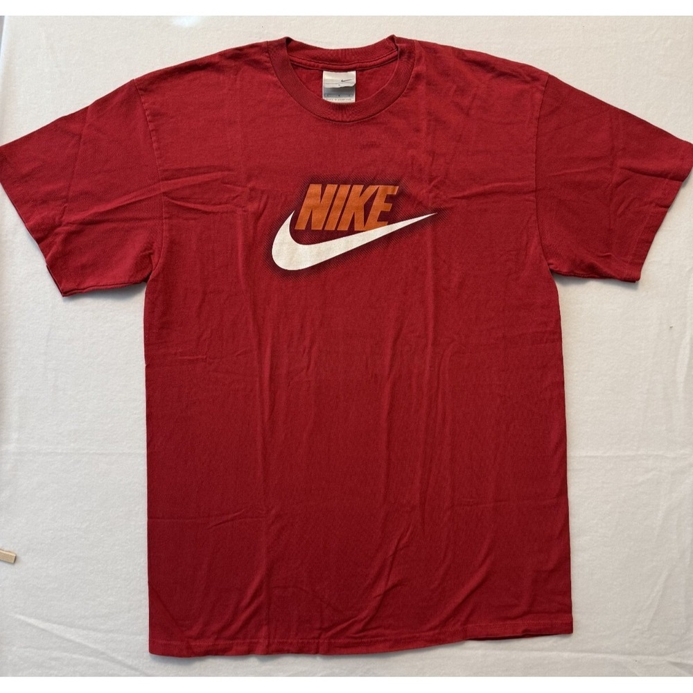Vintage Nike Mens Large Red Y2K Big Center Swoosh Logo Cotton Short Sleeve Shirt